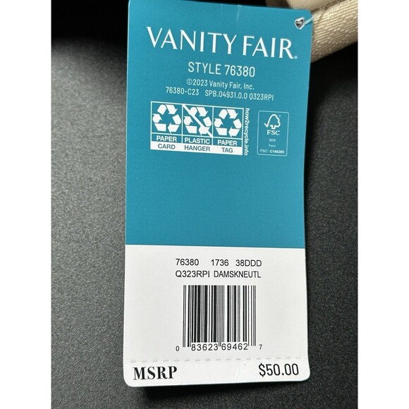 Vanity Fair Full Figure Style 76380 Beige Wired Bra Size 38DDD Brand New - Picture 6 of 7